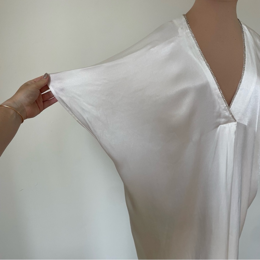 Muche et Muchette Silky Satin Rhinestone Trim V-Neck White Kaftan Dress NWT OS - Picture 5 of 10